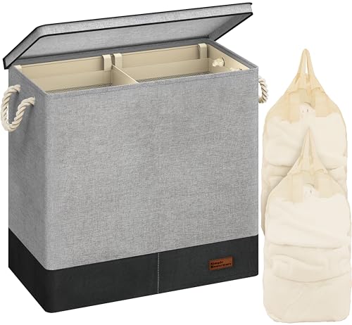 Simple Houseware Doppelter Wäschekorb mit geflochtenen Griffen und abnehmbaren Wäschesäcken/Deckel, Grau von Simple Houseware