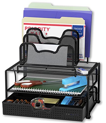Simple Houseware Mesh-Schreibtisch-Organizer mit Schiebeschublade, Doppelablage und 5 stapelbaren Sortierfächern, Schwarz von Simple Houseware