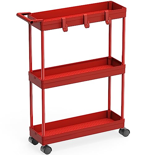 SimpleHouseware Küchenwagen-Aufbewahrung, 3-stöckig, schlank/super schmale Regale mit Griff, 66,5 cm Höhe/14 cm Breite für schmale Stellen, Rot von Simple Houseware