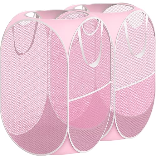 SimpleHouseware Pop-Up-Wäschekorb aus Netzstoff, mit Seitentasche, Rosa, 2 Stück von Simple Houseware