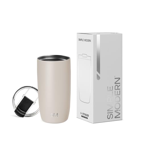 Simple Modern Thermobecher Kaffeebecher to go mit Klappdeckel | Isolierter Edelstahl-Kaffeebecher | Geschenke für Frauen und Männer | Voyager | 470ml | Almond Birch von Simple Modern
