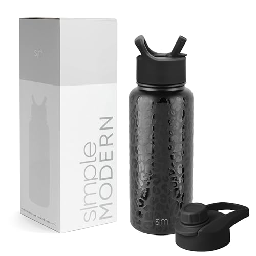 SIMPLE MODERN Wasserflasche mit Trinkhalm Wasserflasche mit Kippverschluss | Isolierte EdelstahlThermoskanne für den Sport Fitnessstudio | Summit Sammlung | 1L | Black Leopard von Simple Modern