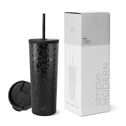Simple Modern Isolierter Becher mit Strohhalm und Deckel | EiskaffeeBecher Wiederverwendbare EdelstahlWasserflasche Thermobecher | Classic Sammlung | 710ml | Black Leopard von Simple Modern