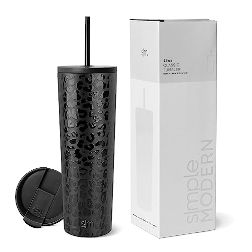 Simple Modern Isolierter Becher mit Strohhalm und Deckel | EiskaffeeBecher Wiederverwendbare EdelstahlWasserflasche Thermobecher | Classic Sammlung | 830ml | Black Leopard von Simple Modern