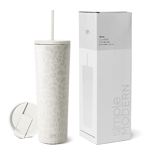 Simple Modern Insulated Tumbler with Lid and Straw | Iced Coffee Cup Reusable Stainless Steel Water Bottle Travel Mug | Spring Break Gifts For Her & Him | Classic Collection | 28oz | Cream Leopard von Simple Modern