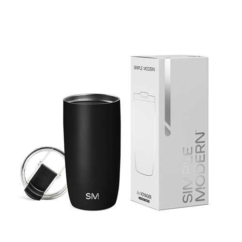 Simple Modern Thermobecher Kaffeebecher to go mit Klappdeckel | Isolierter Edelstahl-Kaffeebecher | Geschenke für Frauen und Männer | Voyager | 470ml | Midnight Black von Simple Modern