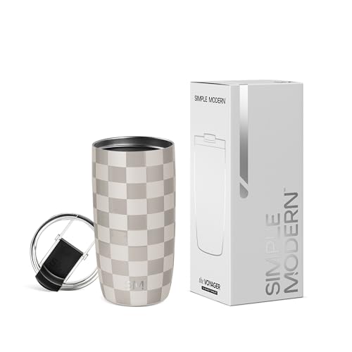 Simple Modern Thermobecher Kaffeebecher to go mit Klappdeckel | Isolierter Edelstahl-Kaffeebecher | Geschenke für Frauen und Männer | Voyager | 470ml | Checkmate von Simple Modern