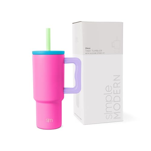Simple Modern Thermobecher mit Silikonstrohhalm und Griff | Isolierter Edelstahl-Trinkbecher Eiskaffee-Reisebecher | Trek | 710ml | 80s Mix von Simple Modern