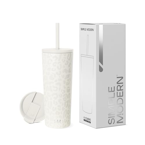 Simple Modern Thermobecher mit Strohhalm und Deckel | Trinkbecher mit Henkel Wiederverwendbare Edelstahl | Geschenke für Frauen und Männer | Classic | 710ml | Cream Leopard von Simple Modern