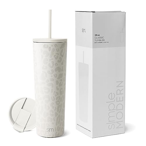 Simple Modern Thermobecher mit Strohhalm und Deckel | Trinkbecher mit Henkel Wiederverwendbare Edelstahl | Geschenke für Frauen und Männer | Classic | 830ml | Cream Leopard von Simple Modern