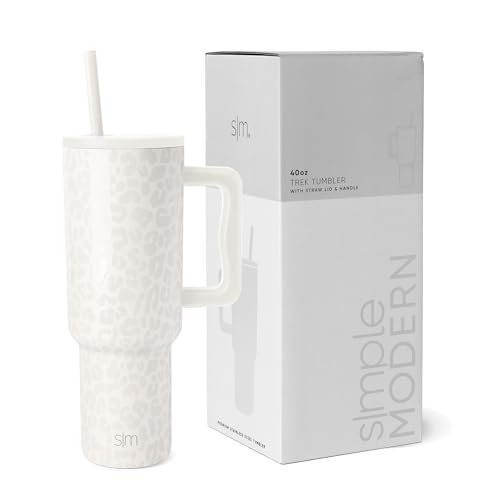 Simple Modern Thermobecher mit Strohhalm und Griff | Isolierter Edelstahl-Trinkbecher Eiskaffee-Reisebecher | Geschenke für Frauen und Männer | Trek | 1180ml | Cream Leopard von Simple Modern