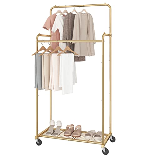 Simple Trending Kleiderständer mit Doppelstange, robuster Kleiderständer auf Rollen zum Aufhängen von Kleidung, mit 4 Haken, Gold von Simple Trending
