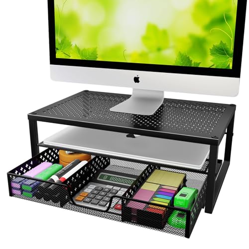 Simple Trending Monitorständer aus Metall und Schreibtisch-Organizer mit Schublade für Laptop, Computer, iMac, Schwarz von Simple Trending