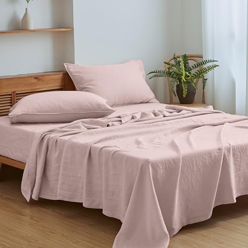 Simple&Opulence 100 % Leinen-Bettlaken-Set, einfarbig, 4-teilig, gewaschene französische Leinen-Bettwäsche (1 Bettlaken, 1 Spannbetttuch, atmungsaktives Bettwäsche-Set (Queensize, Rouge-Pink) von Simple&Opulence