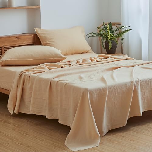 Simple&Opulence 100 % Leinen-Bettlaken-Set, einfarbig, 4-teilig, gewaschene französische Leinen-Bettwäsche (1 Bettlaken, 1 Spannbetttuch, atmungsaktives Bettwäsche-Set (Queensize, Sand) von Simple&Opulence