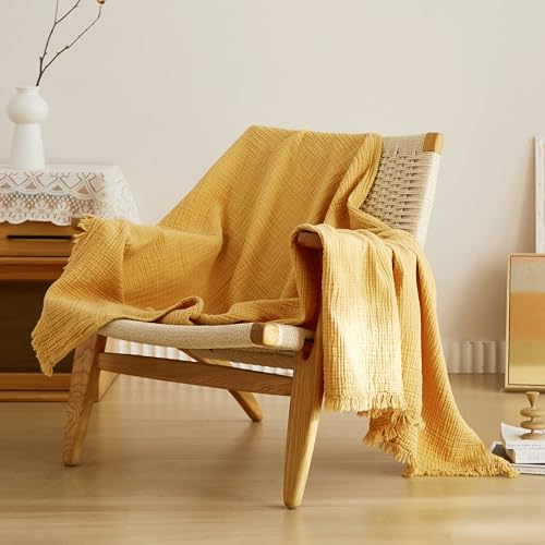 Simple&Opulence Baumwoll-Musselin-Überwurfdecke, 4 Schichten für Bett, Couch, gewebte Gazedecke mit Quasten, weich, leicht, gemütlich, vorgewaschen, atmungsaktiv, Bauernhaus-Dekoration für alle von Simple&Opulence