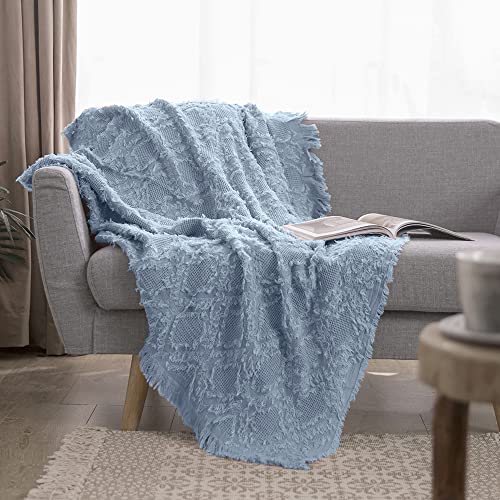 Simple&Opulence Baumwoll-Überwurfdecke für Bett, Couch, Boho, atmungsaktiv, Shabby-Chic-Bauernhaus-Dekoration für alle Jahreszeiten (staubiges Blau) von Simple&Opulence