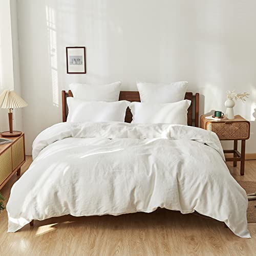 Simple&Opulence Bettbezug-Set 100% Naturleinen Bequem Einfach Bettwäsche,2 Kissenbezügen 50x75cm（Weiß,230 x 220cm） von Simple&Opulence