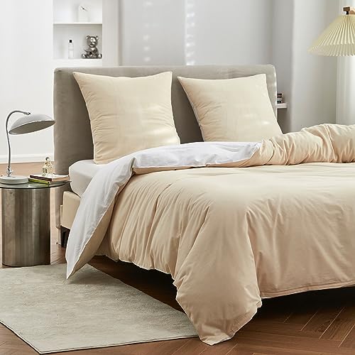 Simple&Opulence Bettwäsche 220x240cm Baumwolle,Wendebettwäsche mit Reißverschluss,Zweifarbiges Bettwäsche Set mit Kissenbezüge 80x80cm,Weiß/Beige von Simple&Opulence