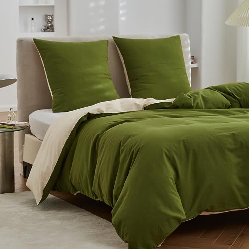 Simple&Opulence Bettwäsche Baumwolle,Wendebettwäsche mit Reißverschluss,Zweifarbiges Bettwäsche Set mit Kissenbezüge(200x200cm / 65x65x2, Waldgrün/Beige) von Simple&Opulence