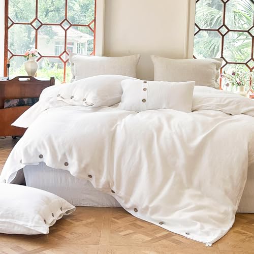 Simple&Opulence Bettwäsche-Set 2Teilig,100% Leinen,Atmungsaktive & Angenehme & Weiche Bettbezüge Doppelbett mit Kokosnussknopfverschluss und 1 Kissenbezügen,137cm x 220cm,Weiß von Simple&Opulence