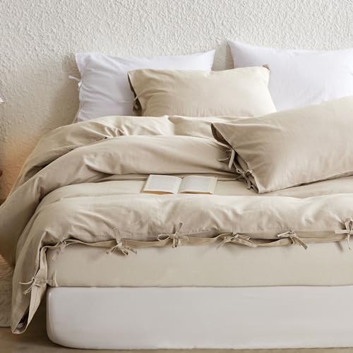 Simple&Opulence Halbleinen Bettwäsche 200x200,Atmungsaktiver Bettbezug mit 2 er Kissenbezug,Oeko-TEX Zertifiziert Bettwäsche-Set aus Baumwolle und Leinen,Beige von Simple&Opulence