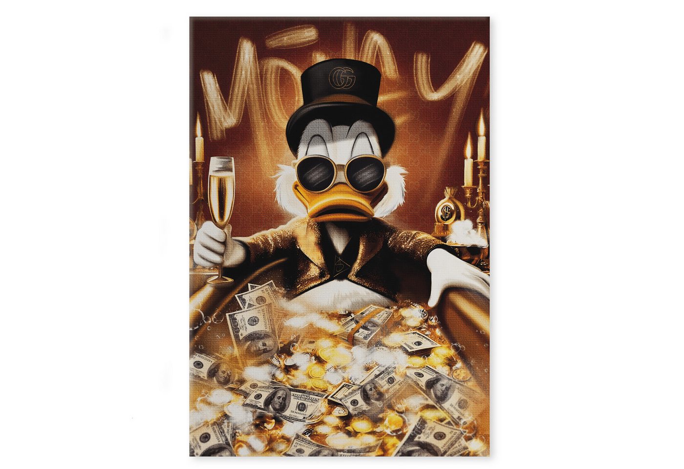 SimpleCanvas Wandbild Bathing Dagobert - Leinwandbild Pop Art / Motivation, Wandbild Dagobert Duck, Geld, Luxuriös von SimpleCanvas