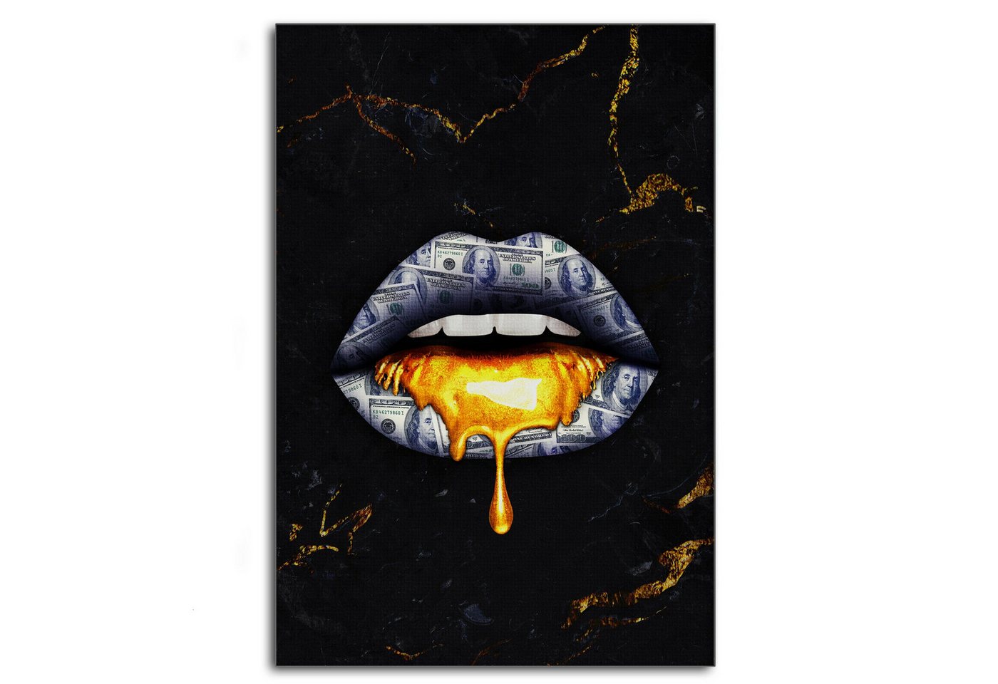 SimpleCanvas Wandbild Golden Kiss - Leinwandbild Luxuriös, Wandbild Goldene Lippen, Geld, Luxuriös von SimpleCanvas