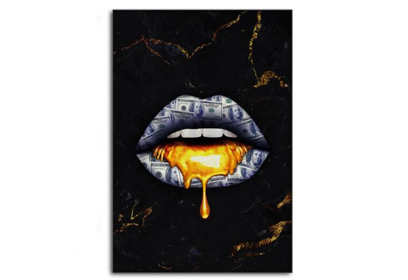 SimpleCanvas Wandbild Golden Kiss - Leinwandbild Luxuriös, Wandbild Goldene Lippen, Geld, Luxuriös von SimpleCanvas