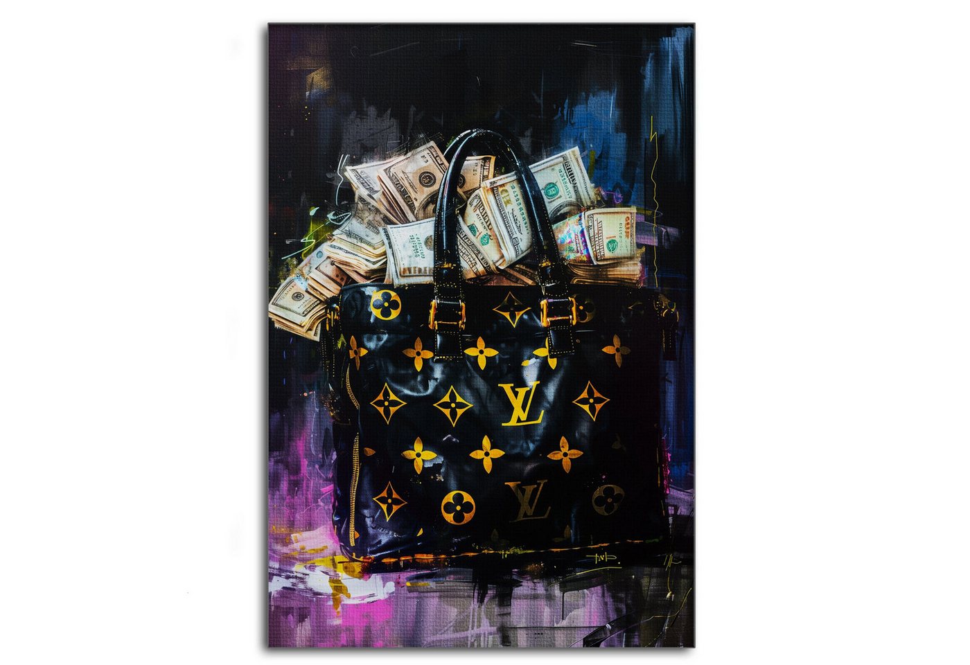 SimpleCanvas Wandbild Money Stacks - Leinwandbild Pop Art / Luxuriös, Wandbild Street Art, Geld, Modern, Tasche von SimpleCanvas
