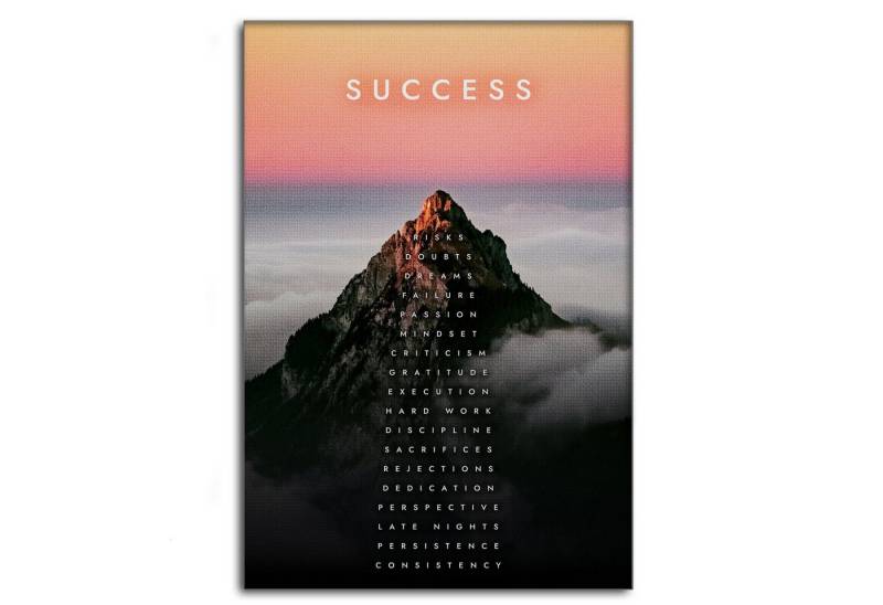 SimpleCanvas Wandbild Mountain of Success - Leinwandbild Motivation, Wandbild Berg des Erfolgs, Sprüche, Ziele von SimpleCanvas