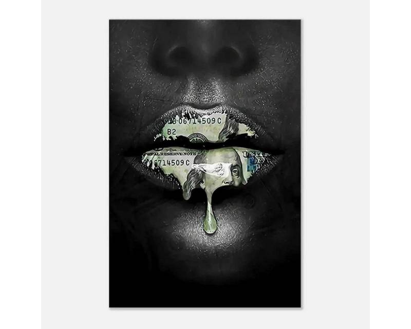 SimpleCanvas Wandbild Money Kiss - Leinwandbild Luxuriös, Wandbild Lippen mit Farbe, Geld, Luxuriös von SimpleCanvas