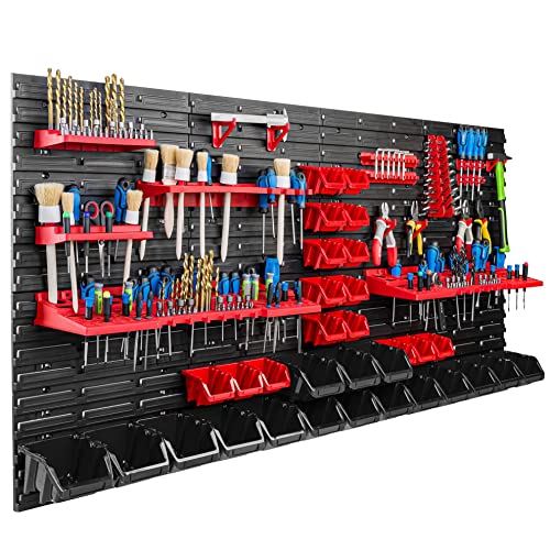 Lagersystem Werkstattregal | 156 x 78 cm | 32 stck. Box | Wandregal mit Werkzeughalterungen und Stapelboxen - Wandplatten Extra Starke Schüttenregal Warkzeuglochwand Lagerregal Garage Regal von SimpleThing