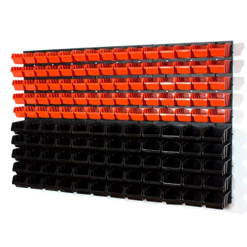 SimpleThing 135 Stück Stapelboxen mit Wandregal 120x80 cm - Wandregal für Garagenwerkstatt - Schwarz/Orange von SimpleThing