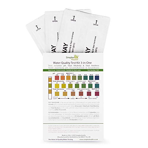 SimplexHealth Wassertest-Set für Zuhause 3-in-1 (5 Teststreifen) Trinkwasser, Teiche, Aquarien für Gesamthärte, Alkalinität und pH-Wert von SimplexHealth