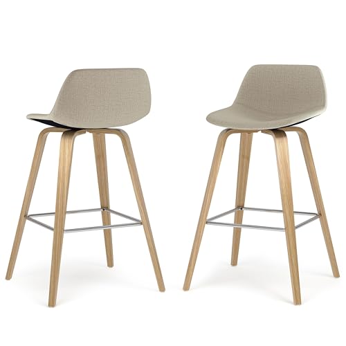 SIMPLIHOME Randolph Mid Century Moderner Hocker aus Bugholz, 71,1 cm, Barhöhe (2er-Set) mit hellem Holz aus natürlichem Polyeseter-Leinenstoff für Esszimmer und Küche von Simpli Home