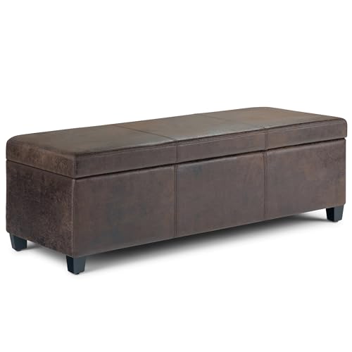 SIMPLIHOME Avalon Ottoman-Bank, 122 cm breit, modern, rechteckig, mit Stauraum, veganes Kunstleder, Used-Look, Braun, für Wohnzimmer, Eingangsbereich und Familienzimmer von Simpli Home