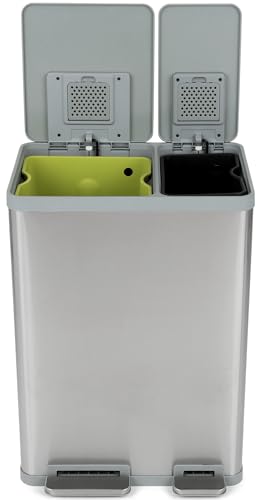 Simpli-Magic Rechteckiger Mülleimer mit zwei Fächern, 60 Liter, mit sanft schließendem Deckel, gebürsteter Edelstahl, 38 x 22 l Fassungsvermögen von Simpli-Magic