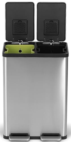 Simpli-Magic Rechteckiger Mülleimer mit zwei Fächern, 60 Liter, mit sanft schließendem Deckel, gebürsteter Edelstahl (30 l x 30 l Fassungsvermögen) von Simpli-Magic