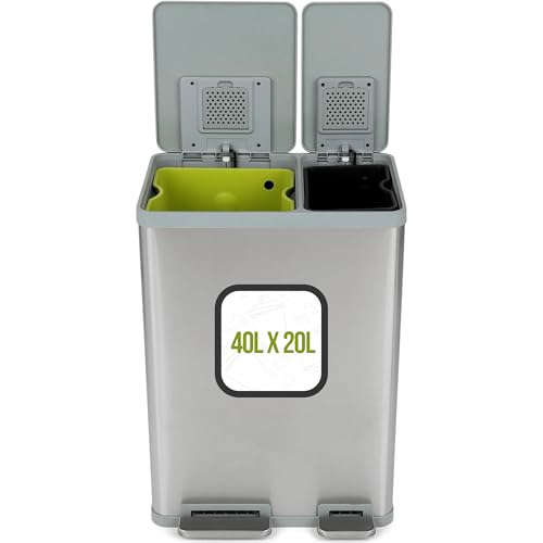 Simpli-Magic Rechteckiger Mülleimer mit zwei Fächern, 60 Liter, mit sanft schließendem Deckel, gebürsteter Edelstahl (40 l + 20 l Fassungsvermögen) von Simpli-Magic