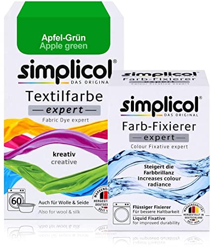 simplicol Textilfarbe expert + Farbfixierer Kombipack, Apfel-Grün 1714: Farbe für Waschmaschine oder manuelles Färben von simplicol