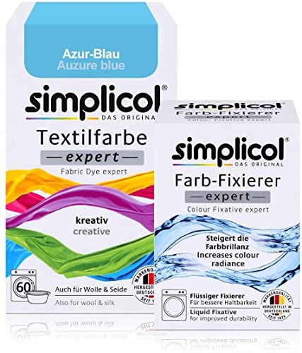 simplicol Textilfarbe expert + Farbfixierer Kombipack, Azur-Blau 1710: Farbe für Waschmaschine oder manuelles Färben von simplicol