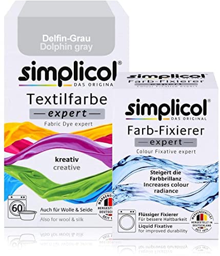 simplicol Textilfarbe expert + Farbfixierer Kombipack, Delfin-Grau 1717: Farbe für Waschmaschine oder manuelles Färben von simplicol
