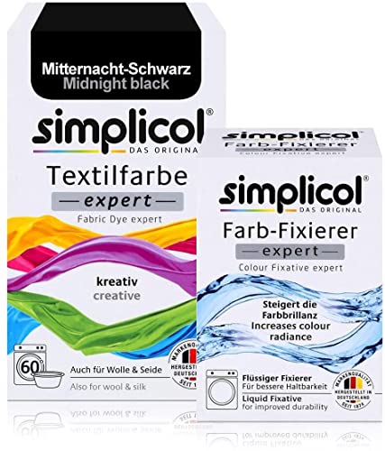 simplicol Textilfarbe expert + Farbfixierer Kombipack, Mitternacht-Schwarz 1718: Farbe für Waschmaschine oder manuelles Färben von simplicol