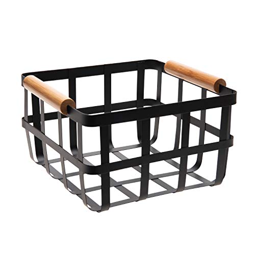 Simplify Square Metal Basket with Bamboo Handles in Black Aufbewahrungskorb aus Metall mit Bambusgriffen, Landhaus-Stil, Organisation, Heim-Organizer, dekorativ, rustikal, Eisen, schwarz, Medium von Simplify