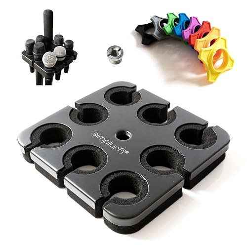 Simplurfi Multi-Mikrofonhalter für Mikrofonständer – quadratischer Tablett-Aufsatz hält bis zu 8 Mikrofone auf Bühnen-Organizer und Display – 8 Anti-Roll-Ringe im Lieferumfang enthalten von Simplurfi