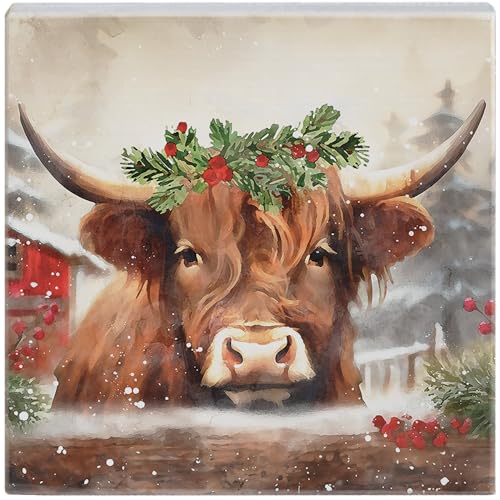 Simply Said, INC Highland Cow Weihnachtsschild, kleines Talk, quadratisch, 13,3 cm, Winterurlaub, Holzschild, hergestellt in den USA, STS2574 von Simply Said, INC