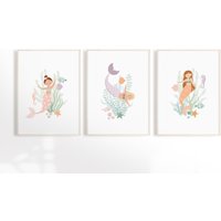 Meerjungfrau Print 3Er-Set, Personalisierte Schlafzimmer Dekoration, Ozean Spielzimmer Kunstdruck, Unter Dem Meer Themenzimmer, Benutzerdefinierte von SimplyLittleCo