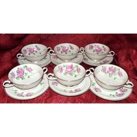 Rare Kirk German China 6 Doppelhenkel Suppen Mit Unterteller Handgemaltes Muster Kir 4 | Inv 42 Rare Kirk German China 6 Doppelhenkel Suppen Mit Unterteller Handgemaltes Muster Kir 4 | Inv 42 von SimplyMarvelousMary