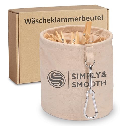 SimplySmooth Wäscheklammerbeutel für bis zu 100 Wäscheklammern - Klammerbeutel aus 100% Baumwolle mit extra großen Karabinern zum Aufhängen - Wäscheklammerkorb mit Verschluss von SimplySmooth